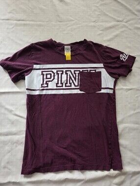 PINK Victoria's Secret Maroon Short-Sleeve Pocket Tee with White Stripe, Xs